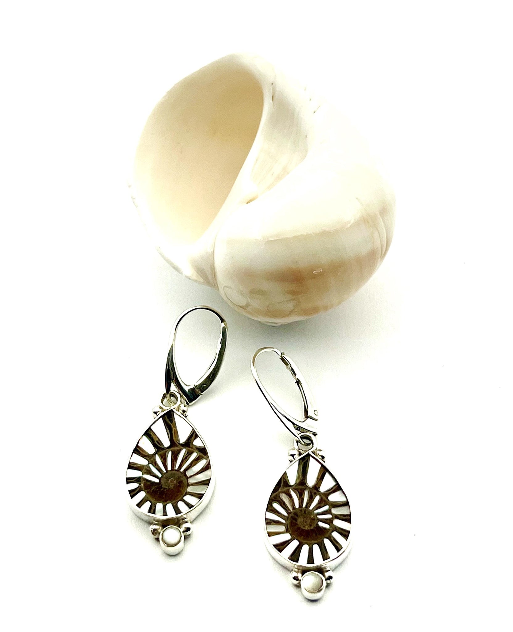 Ammonite fossil earrings, OOAK inlay earrings, Sterling Silver and Mother of Pearl