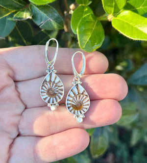 Ammonite fossil earrings, OOAK inlay earrings, Sterling Silver and Mother of Pearl