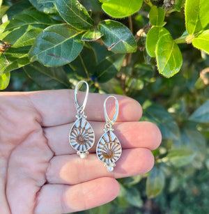 Ammonite fossil earrings, OOAK inlay earrings, Sterling Silver and Mother of Pearl