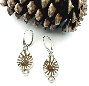 Ammonite fossil earrings, OOAK inlay earrings, Sterling Silver and Mother of Pearl