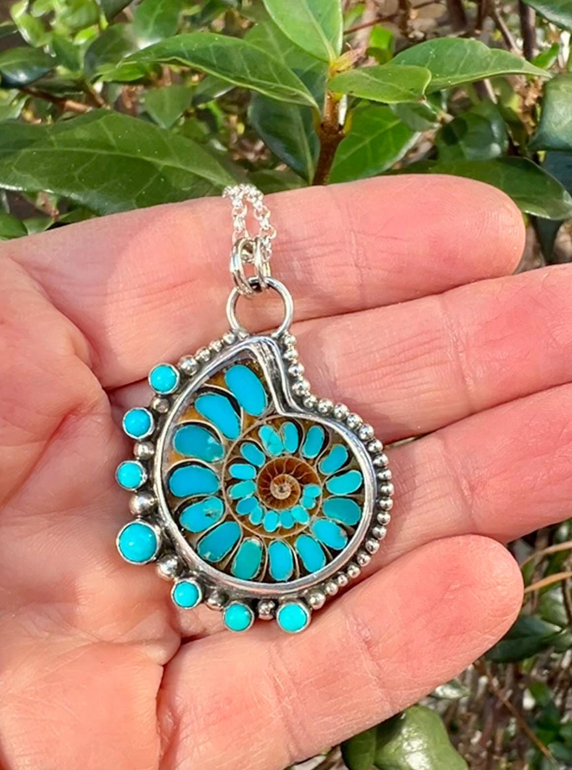 Ammonite Fossil Inlaid with Natural Turquoise, Sea Life Pendant, Turquoise Necklace