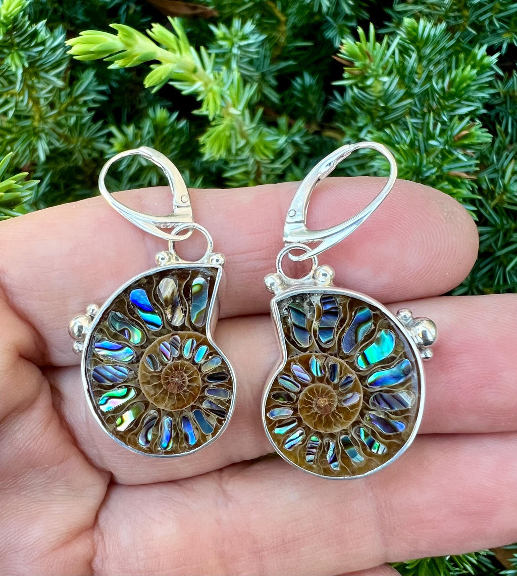 Ammonite Earrings in Sterling Silver, Fossil Earrings, Inlay Earrings