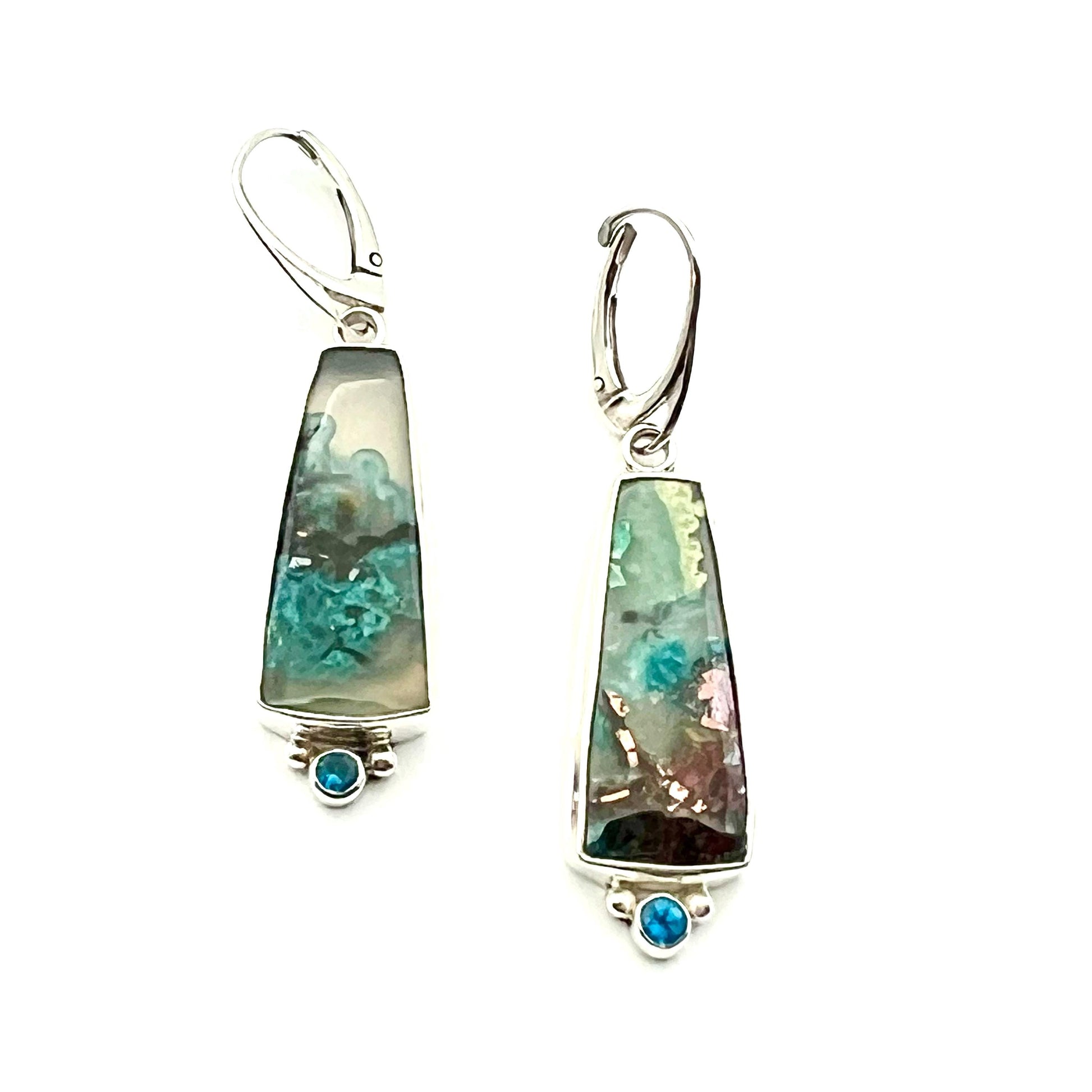 Confetti Chrysocolla and Neon Apatite Earrings in Sterling Silver, Sugar Water Flower Agate OOAK Earrings