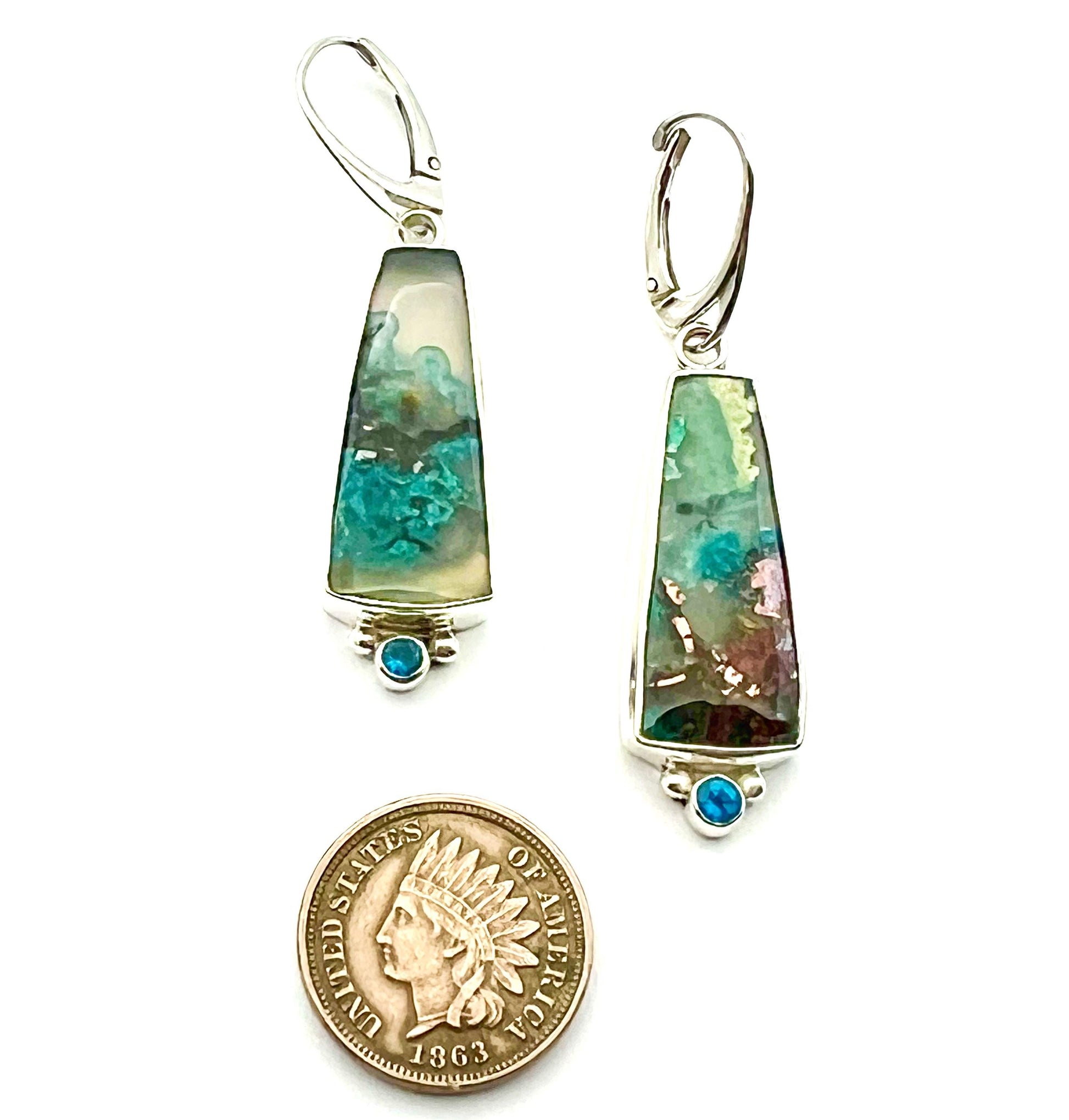 Confetti Chrysocolla and Neon Apatite Earrings in Sterling Silver, Sugar Water Flower Agate OOAK Earrings