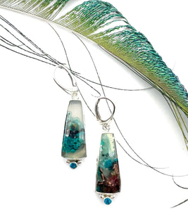 Confetti Chrysocolla and Neon Apatite Earrings in Sterling Silver, Sugar Water Flower Agate OOAK Earrings