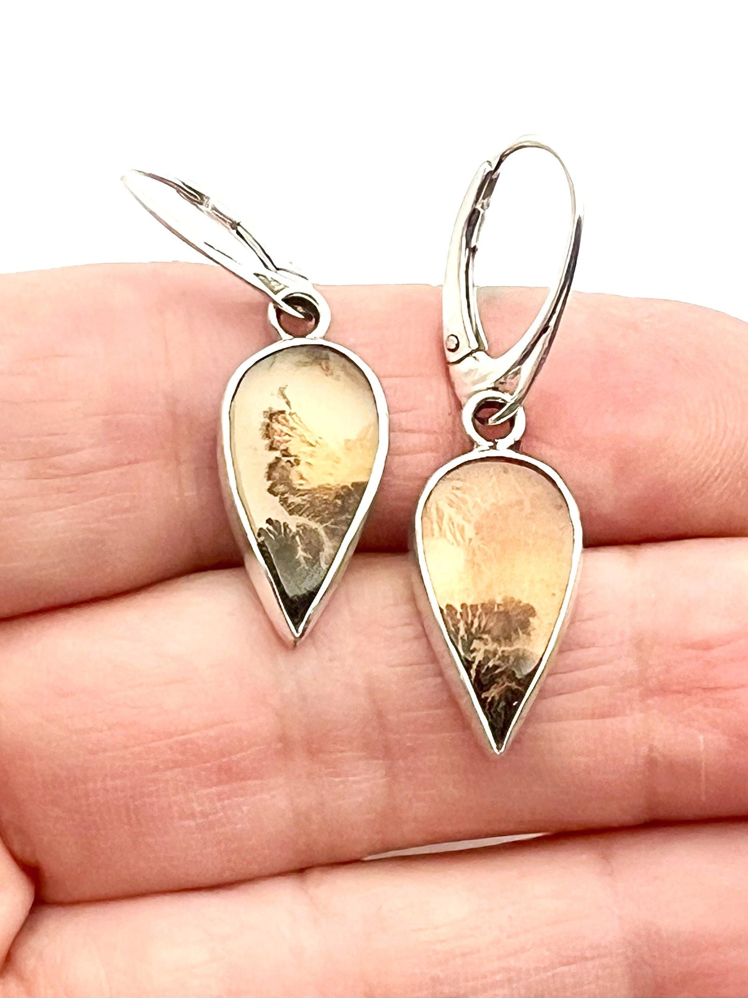 Dendritic Agate Teardrops in Sterling Silver, Scenic Stone Earrings, OOAK Nature Lover Jewelry