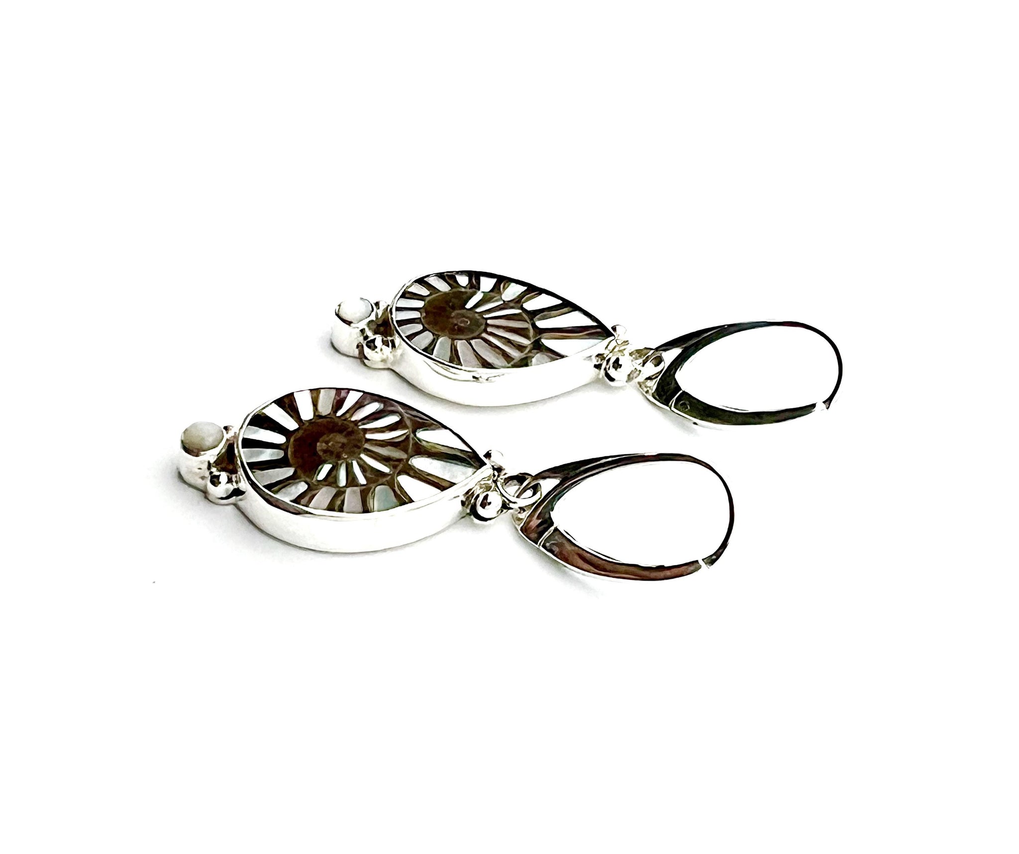 Ammonite fossil earrings, OOAK inlay earrings, Sterling Silver and Mother of Pearl