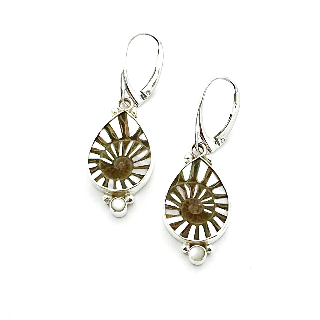 Ammonite fossil earrings, OOAK inlay earrings, Sterling Silver and Mother of Pearl