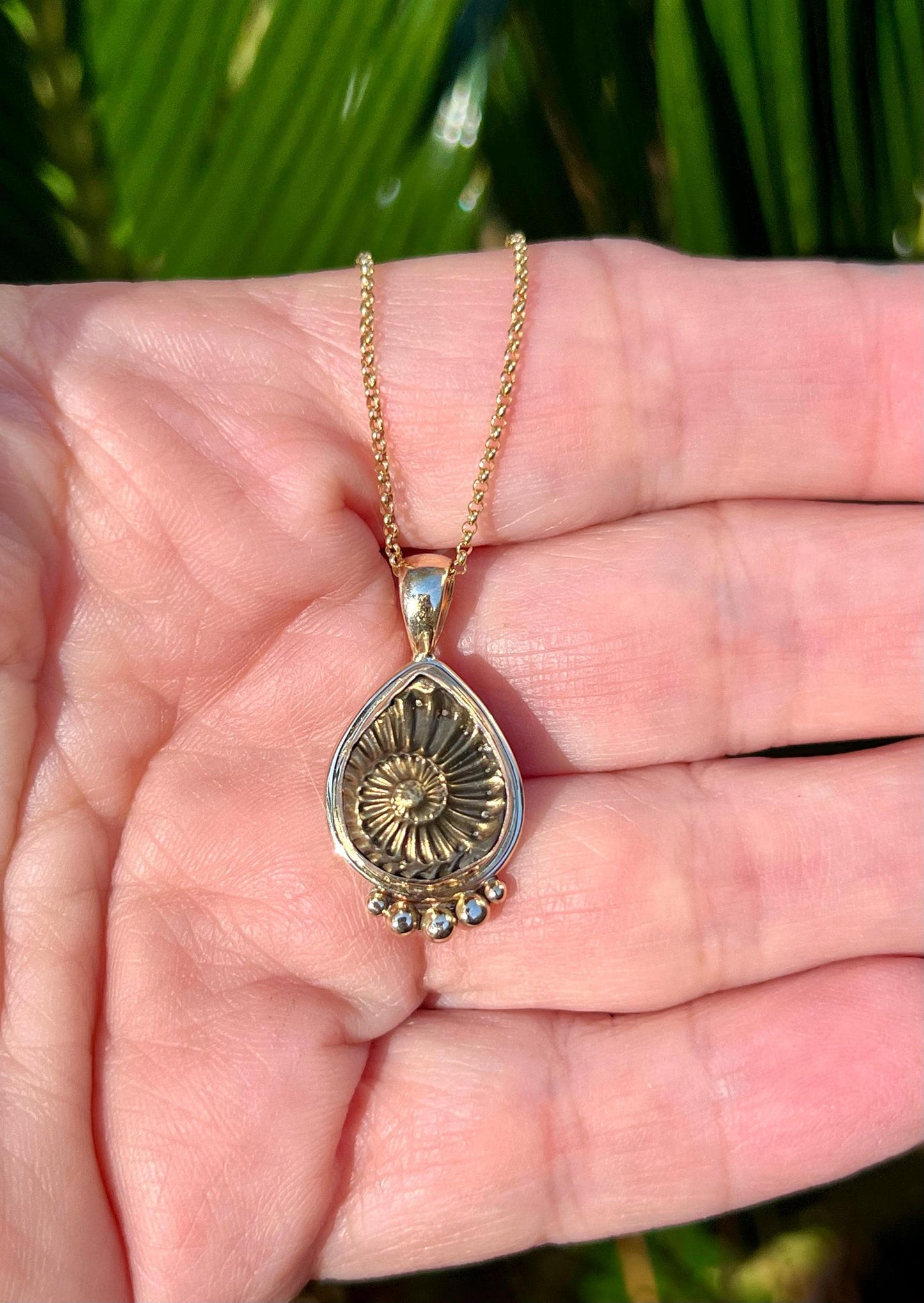 Ammonite Negative Pendant in 14k Gold Setting, Fossil Necklace,