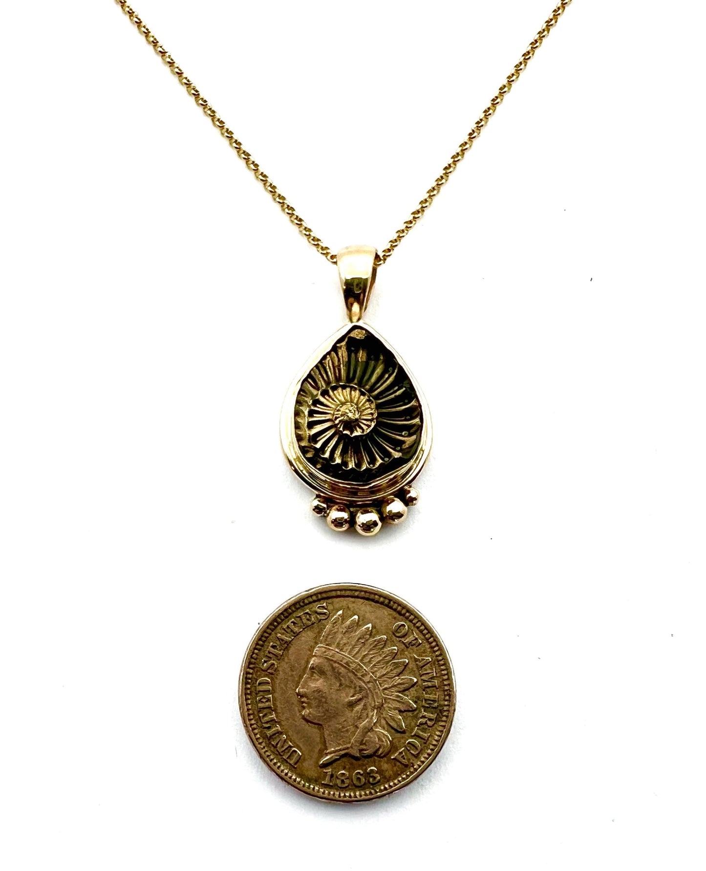 Ammonite Negative Pendant in 14k Gold Setting, Fossil Necklace,