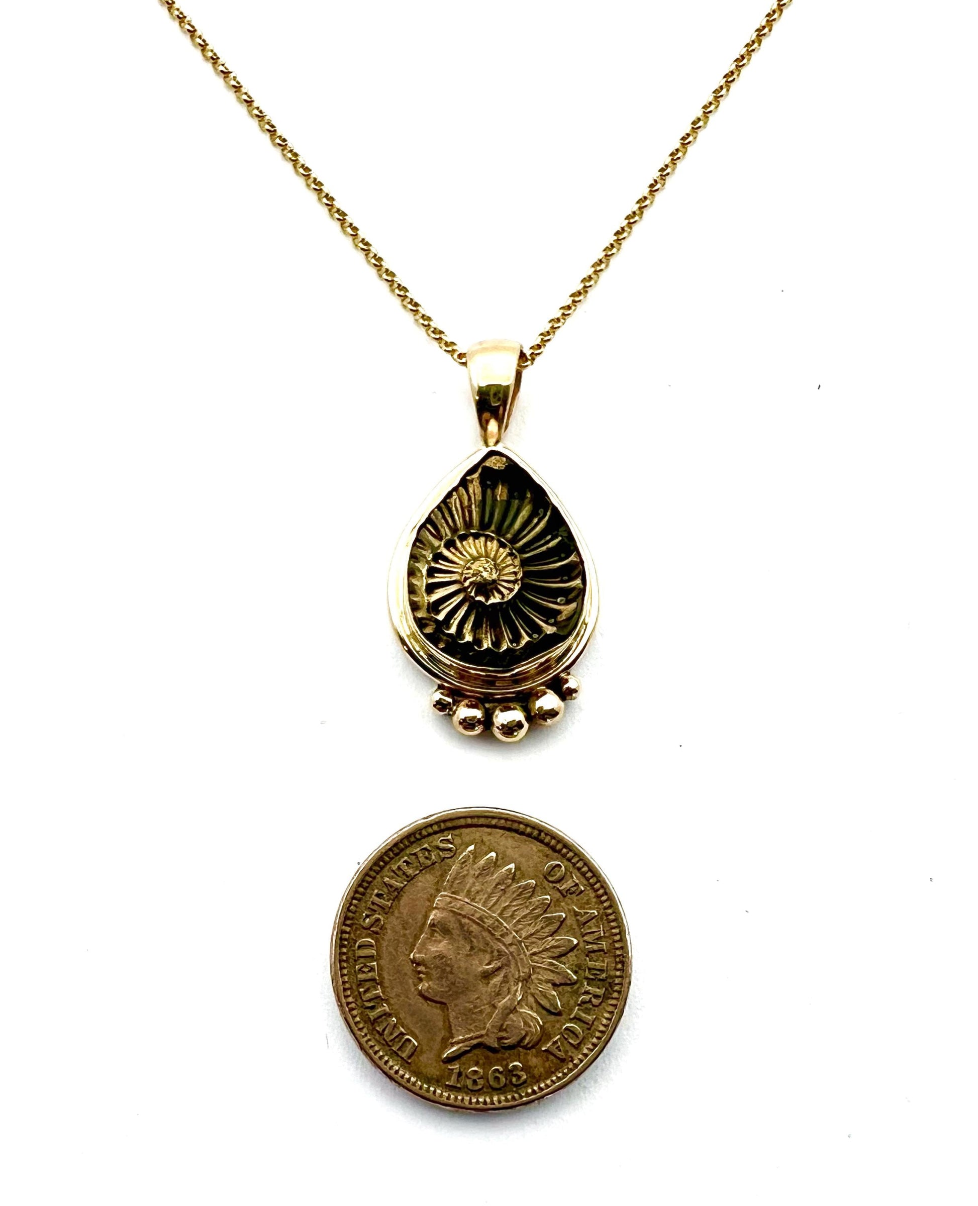 Ammonite Negative Pendant in 14k Gold Setting, Fossil Necklace,
