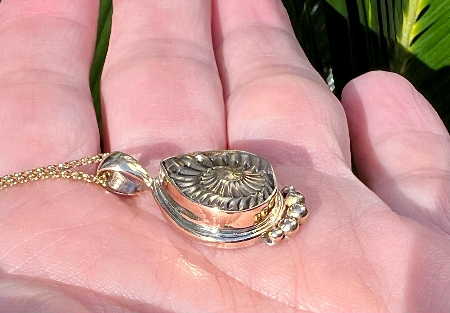 Ammonite Negative Pendant in 14k Gold Setting, Fossil Necklace,