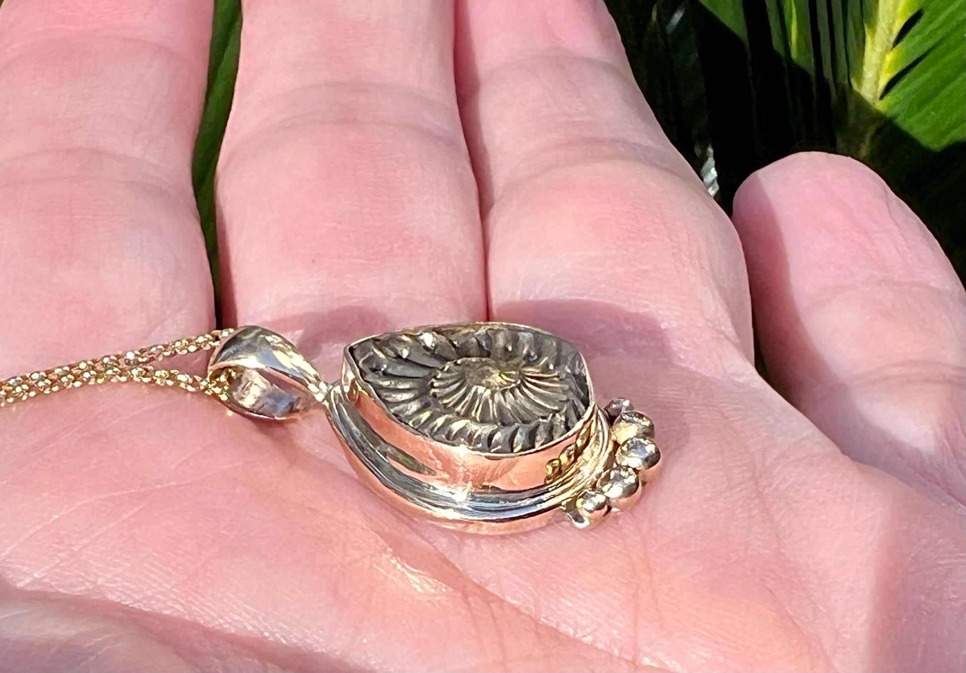 Ammonite Negative Pendant in 14k Gold Setting, Fossil Necklace,