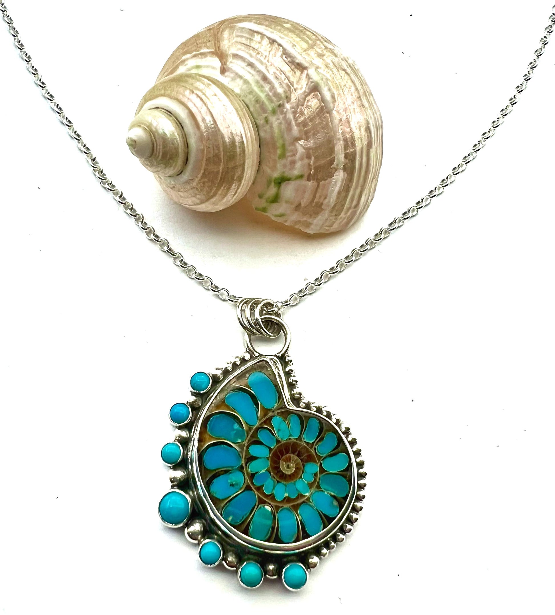 Ammonite Fossil Inlaid with Natural Turquoise, Sea Life Pendant, Turquoise Necklace