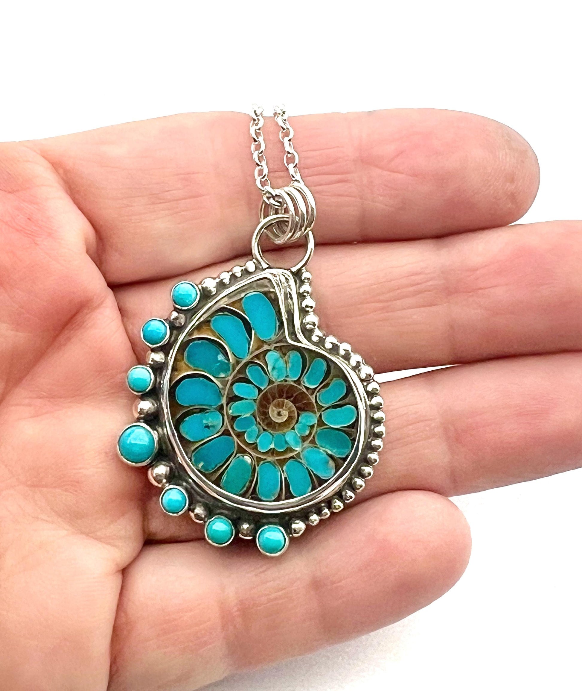 Ammonite Fossil Inlaid with Natural Turquoise, Sea Life Pendant, Turquoise Necklace