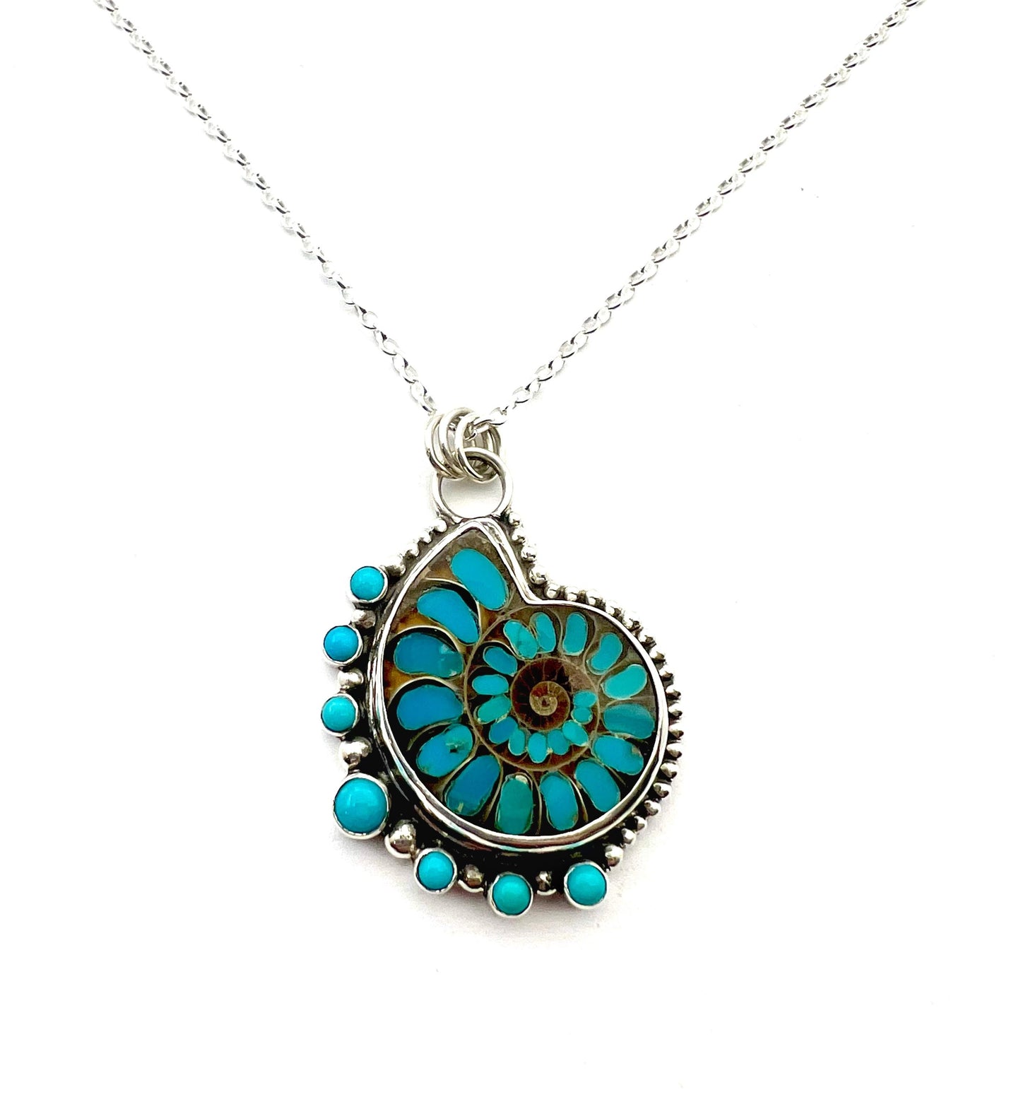 Ammonite Fossil Inlaid with Natural Turquoise, Sea Life Pendant, Turquoise Necklace