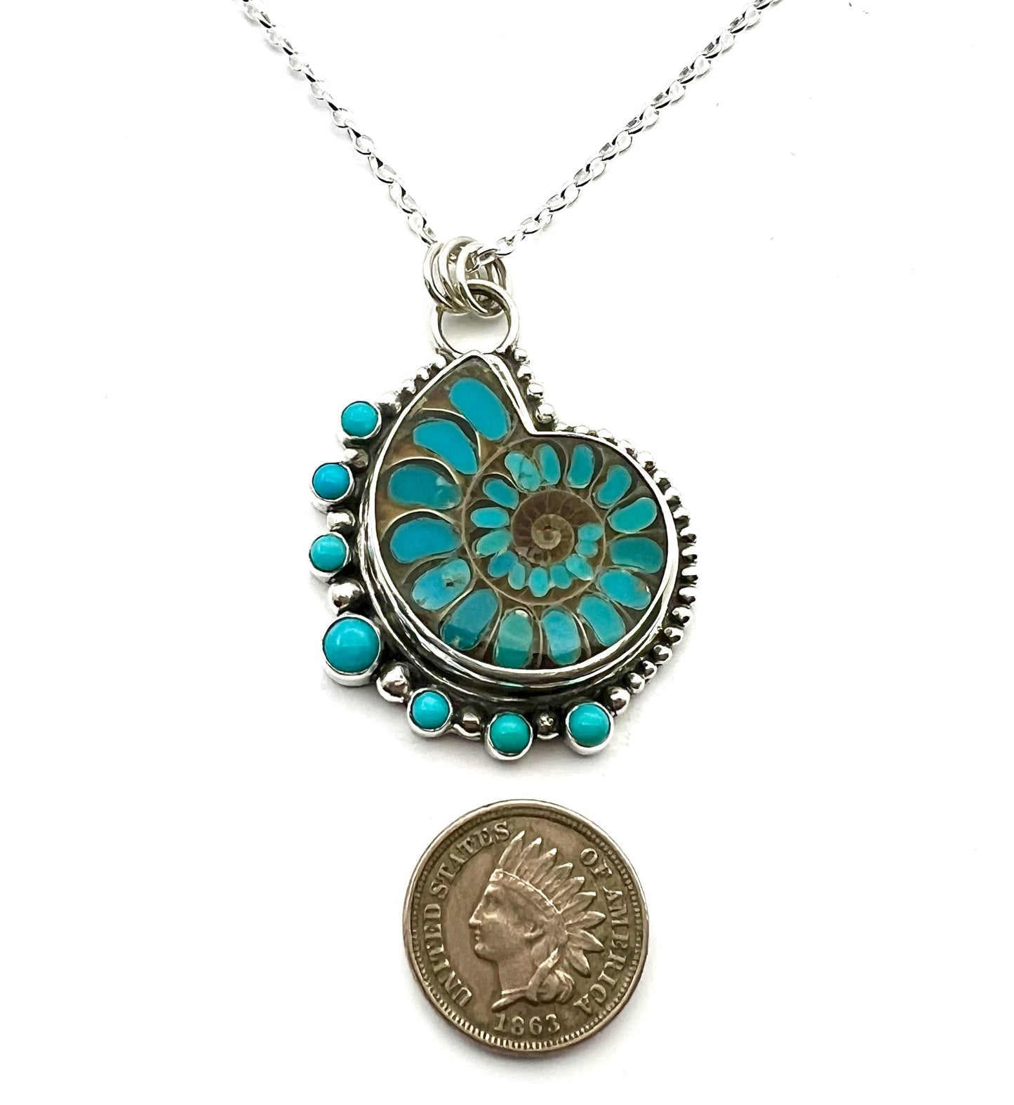 Ammonite Fossil Inlaid with Natural Turquoise, Sea Life Pendant, Turquoise Necklace