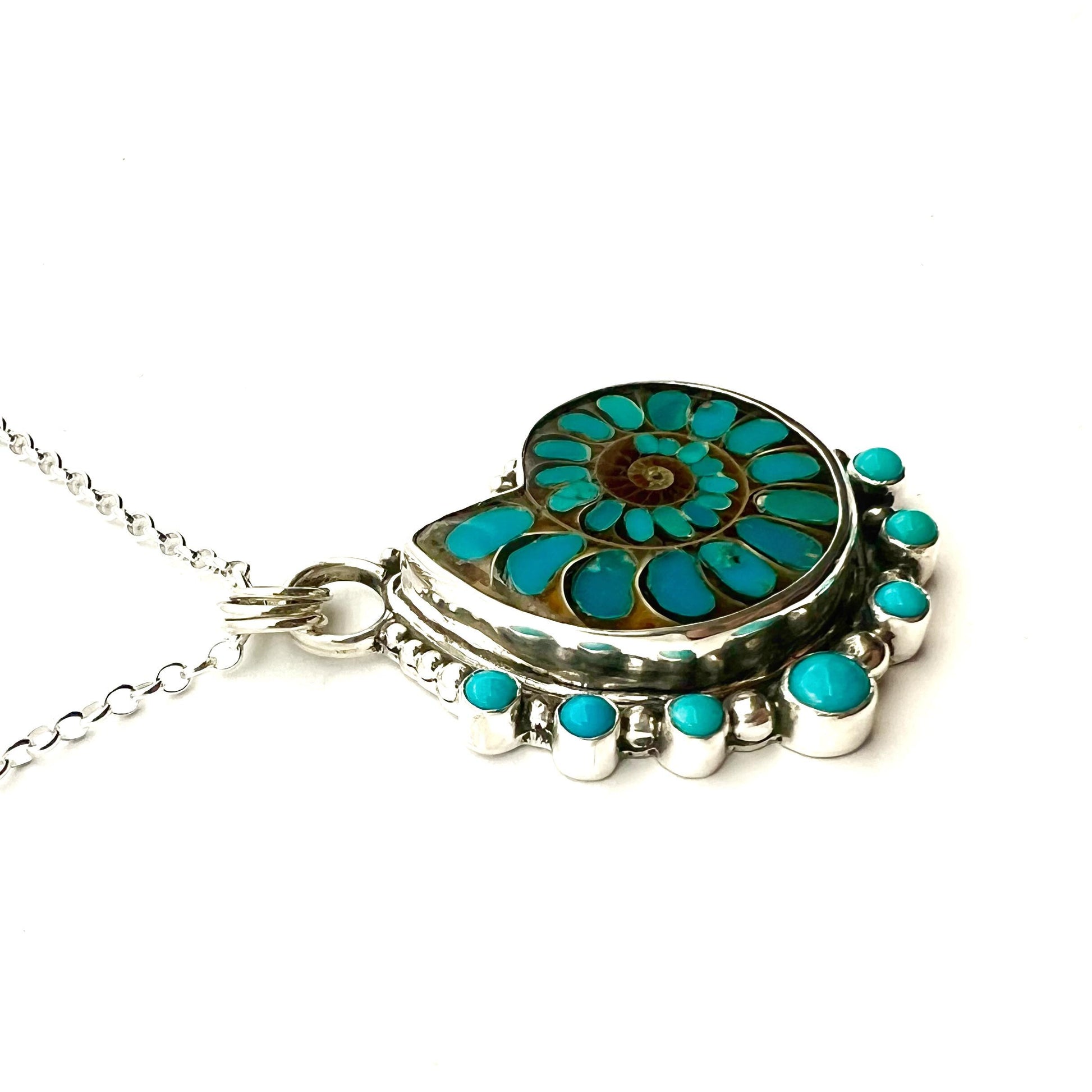 Ammonite Fossil Inlaid with Natural Turquoise, Sea Life Pendant, Turquoise Necklace