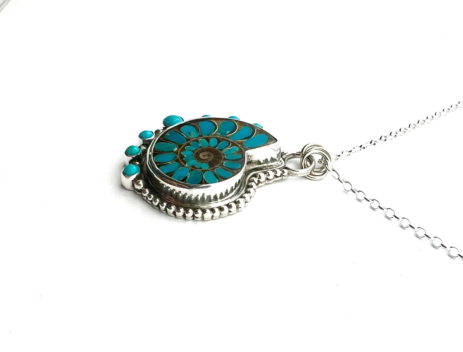 Ammonite Fossil Inlaid with Natural Turquoise, Sea Life Pendant, Turquoise Necklace