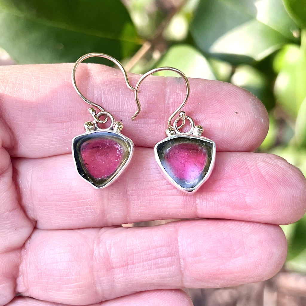 Watermelon Tourmaline Earrings in Sterling Silver and 14k Gold, Red and Green Gemstone Earrings