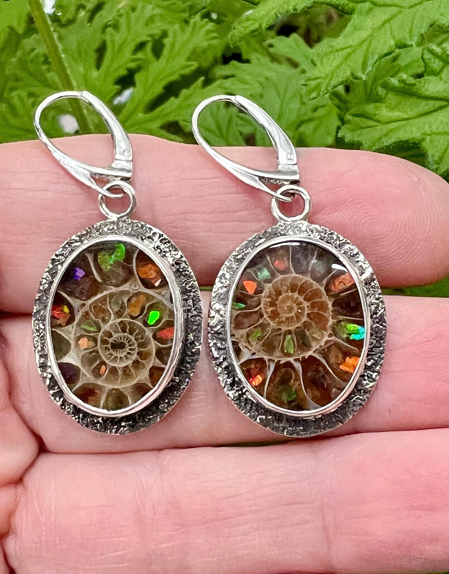 Ammonite Fossils Inlaid with Ammolite Sterling Silver Earrings, Fossil Jewelry, OOAK Rare Stone Earrings