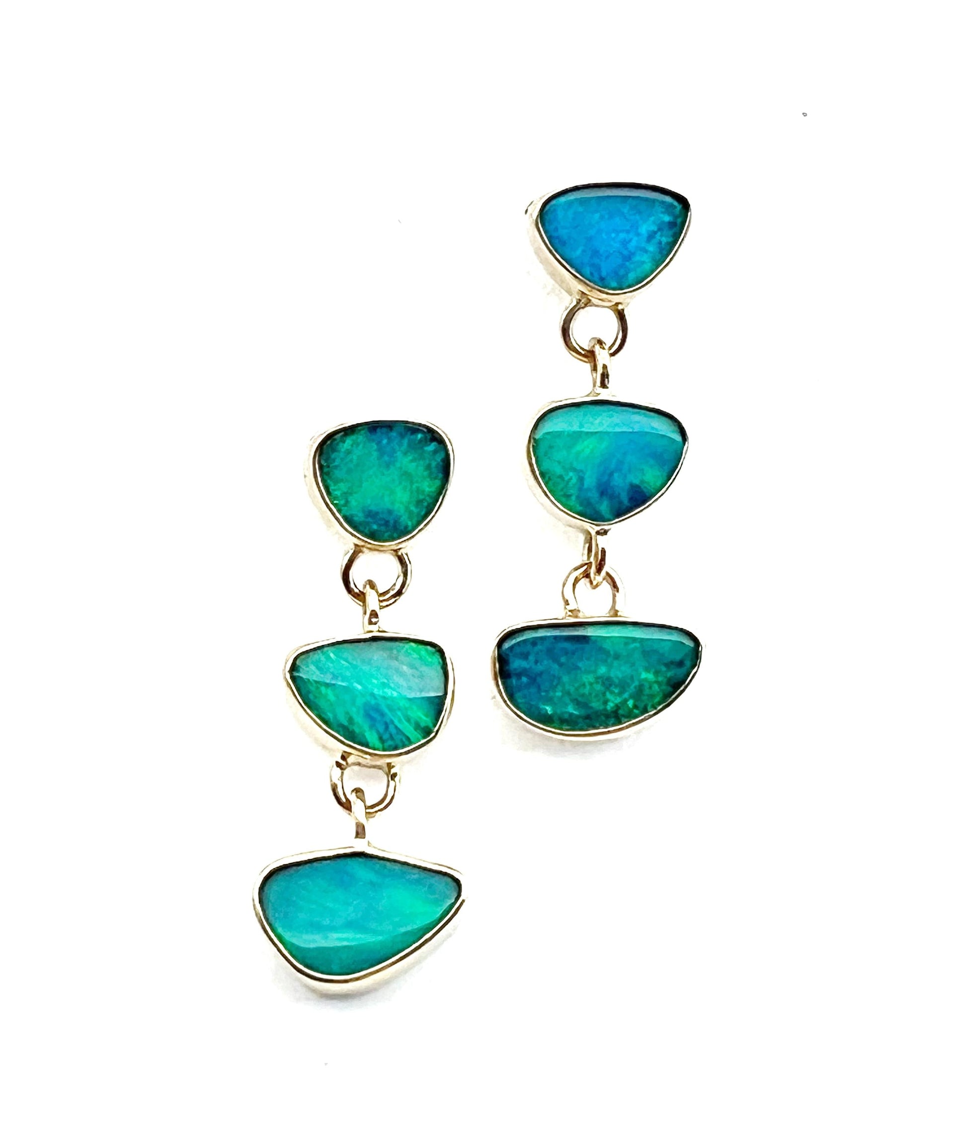 Australian Opals in 14k Gold Earrings, OOAK blue stone earrings, October birthstone jewelry