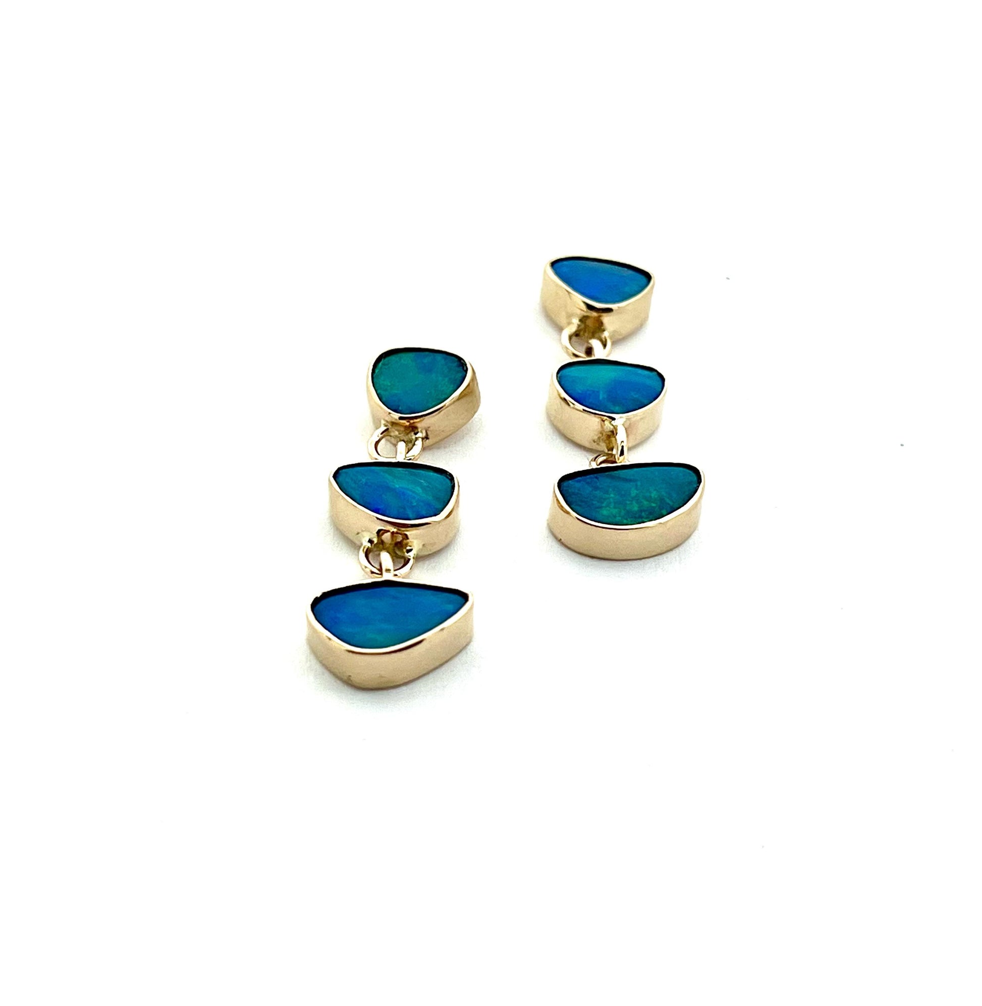 Australian Opals in 14k Gold Earrings, OOAK blue stone earrings, October birthstone jewelry