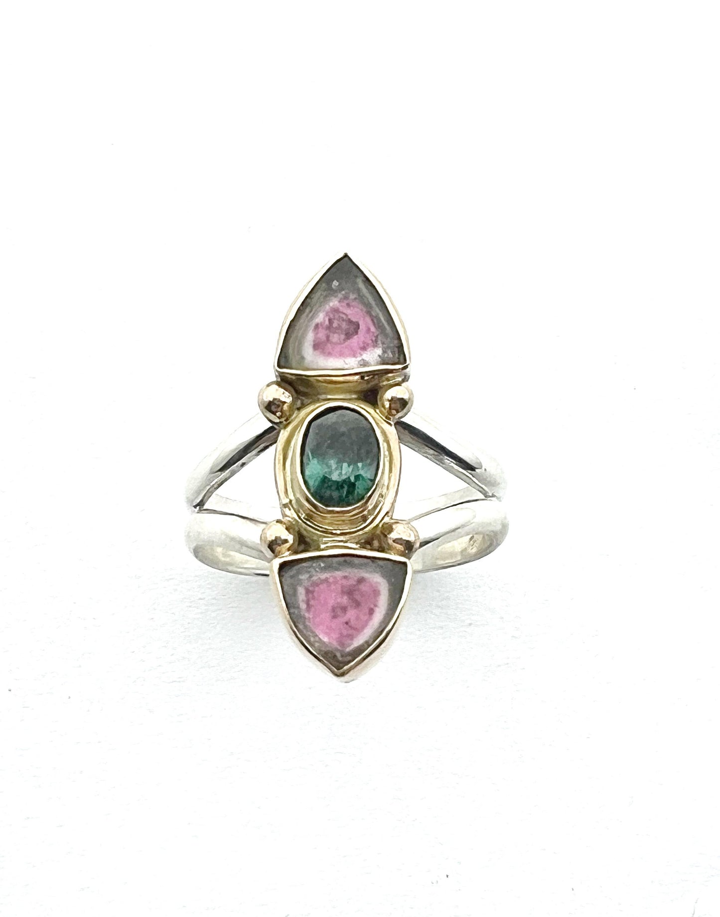Watermelon Tourmaline Slice Ring, Gemstone Statement Ring in 14k and Sterling