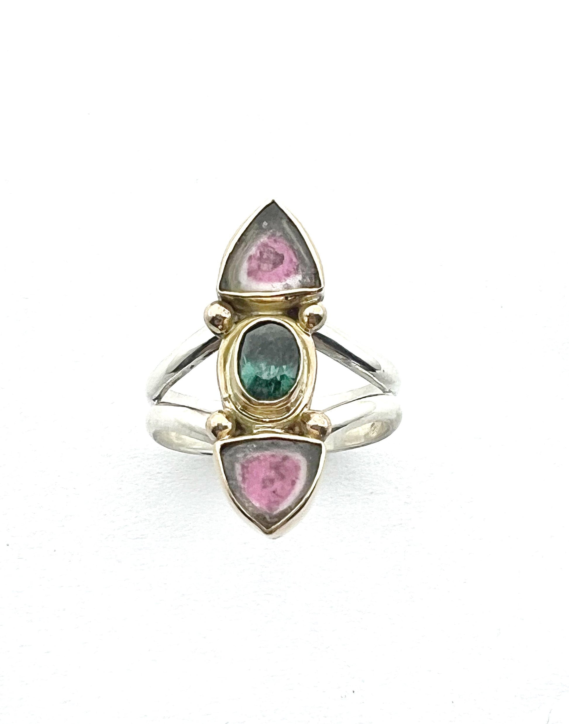 Watermelon Tourmaline Slice Ring, Gemstone Statement Ring in 14k and Sterling