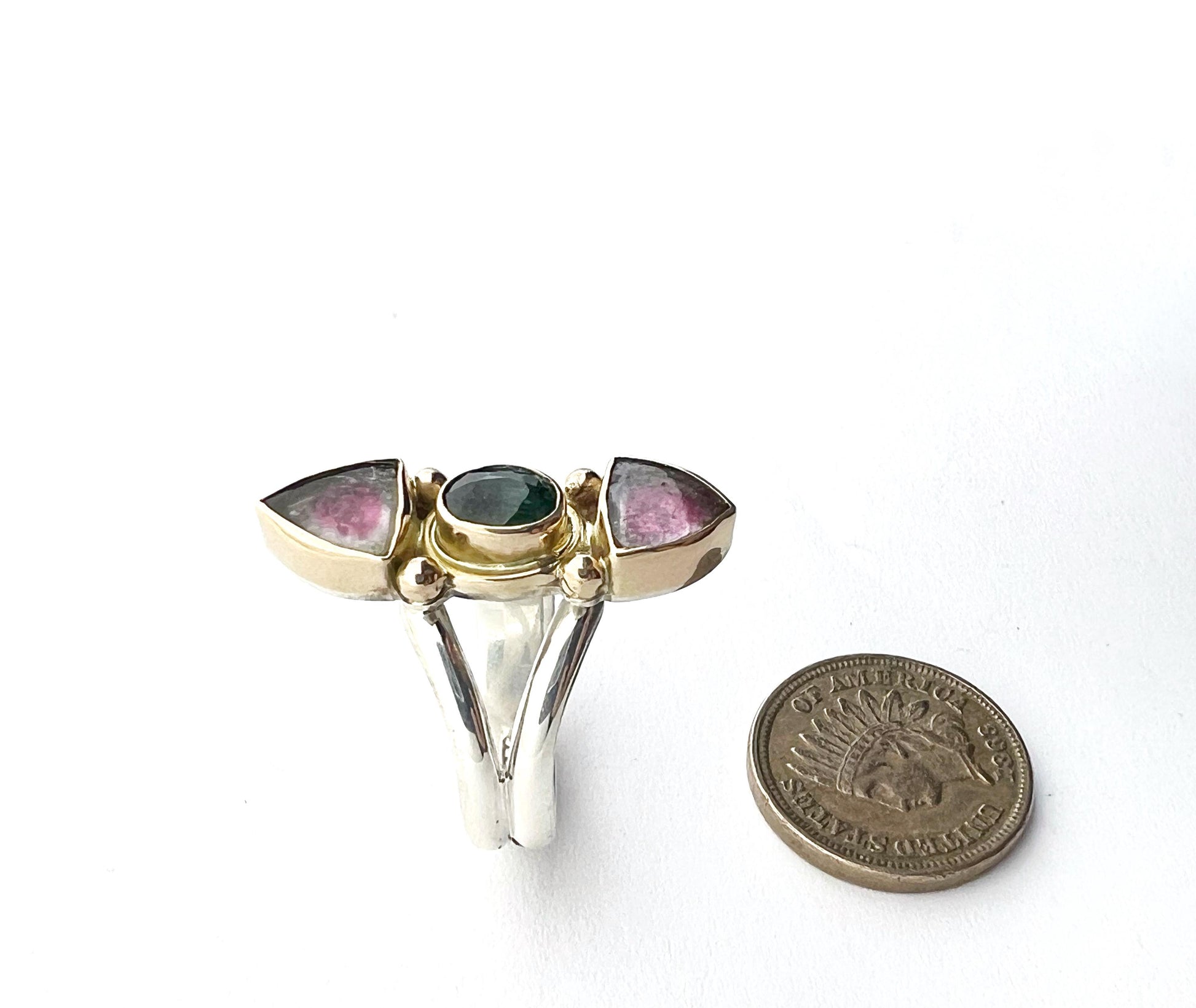 Watermelon Tourmaline Slice Ring, Gemstone Statement Ring in 14k and Sterling