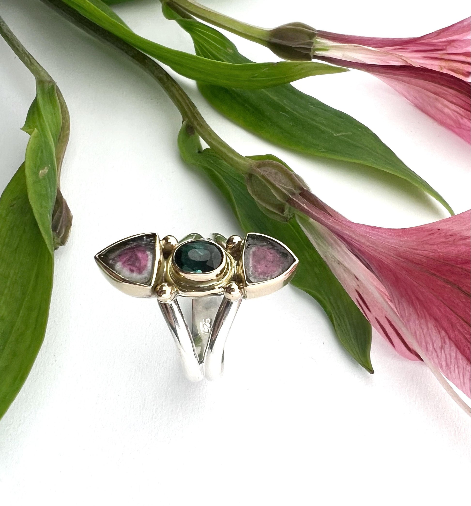 Watermelon Tourmaline Slice Ring, Gemstone Statement Ring in 14k and Sterling