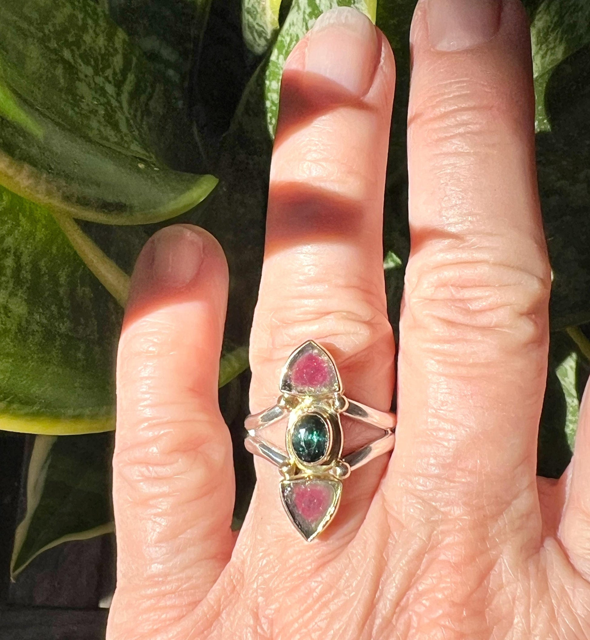 Watermelon Tourmaline Slice Ring, Gemstone Statement Ring in 14k and Sterling