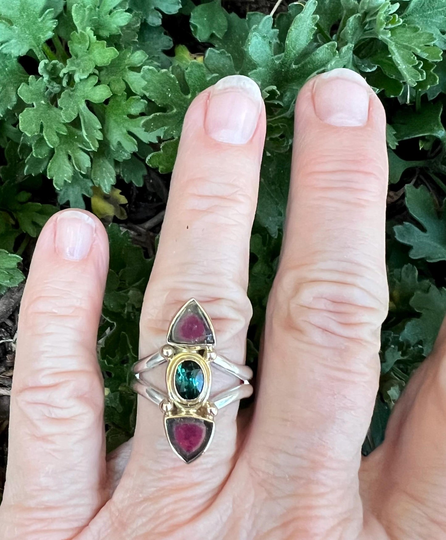 Watermelon Tourmaline Slice Ring, Gemstone Statement Ring in 14k and Sterling