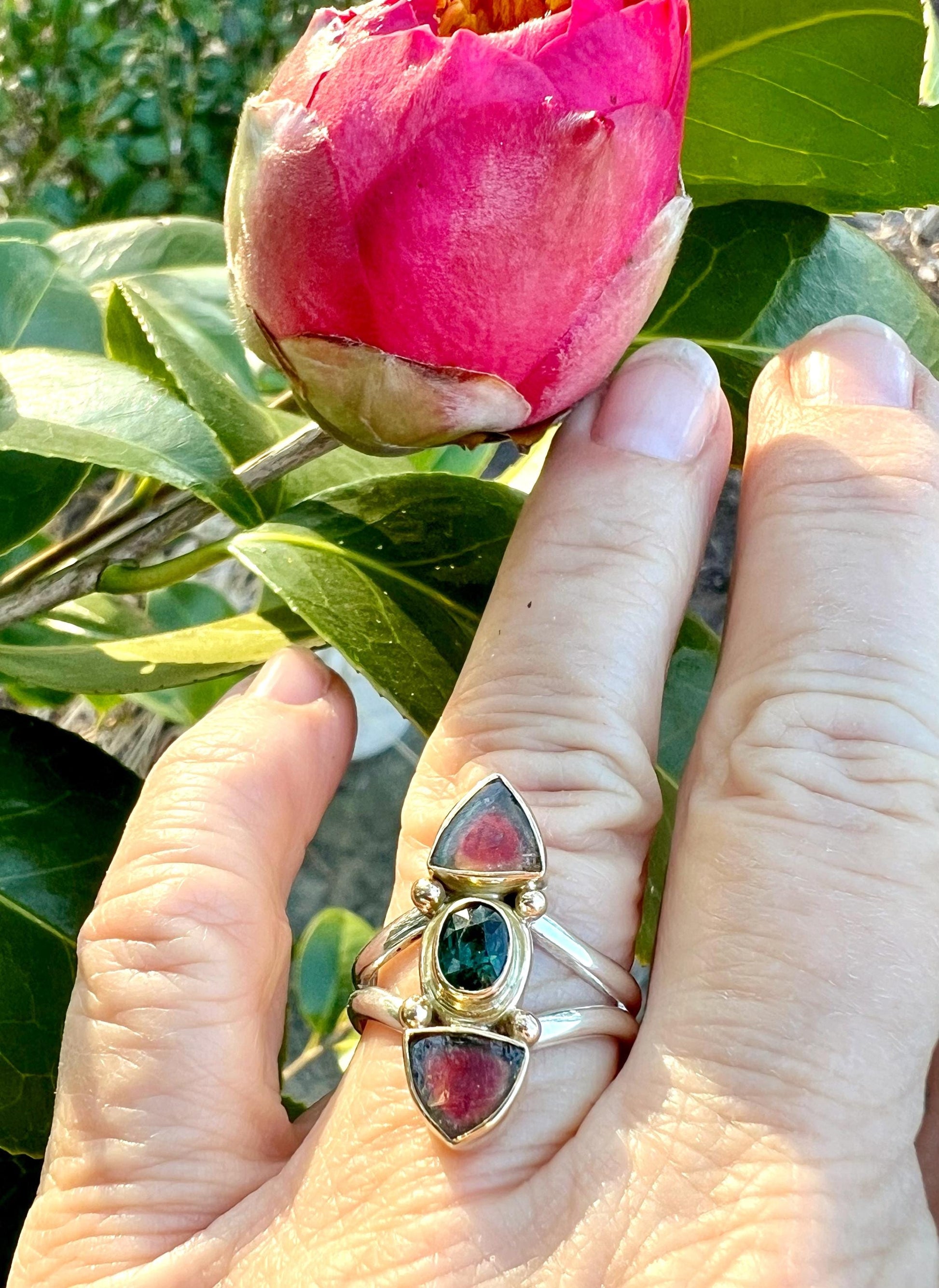 Watermelon Tourmaline Slice Ring, Gemstone Statement Ring in 14k and Sterling