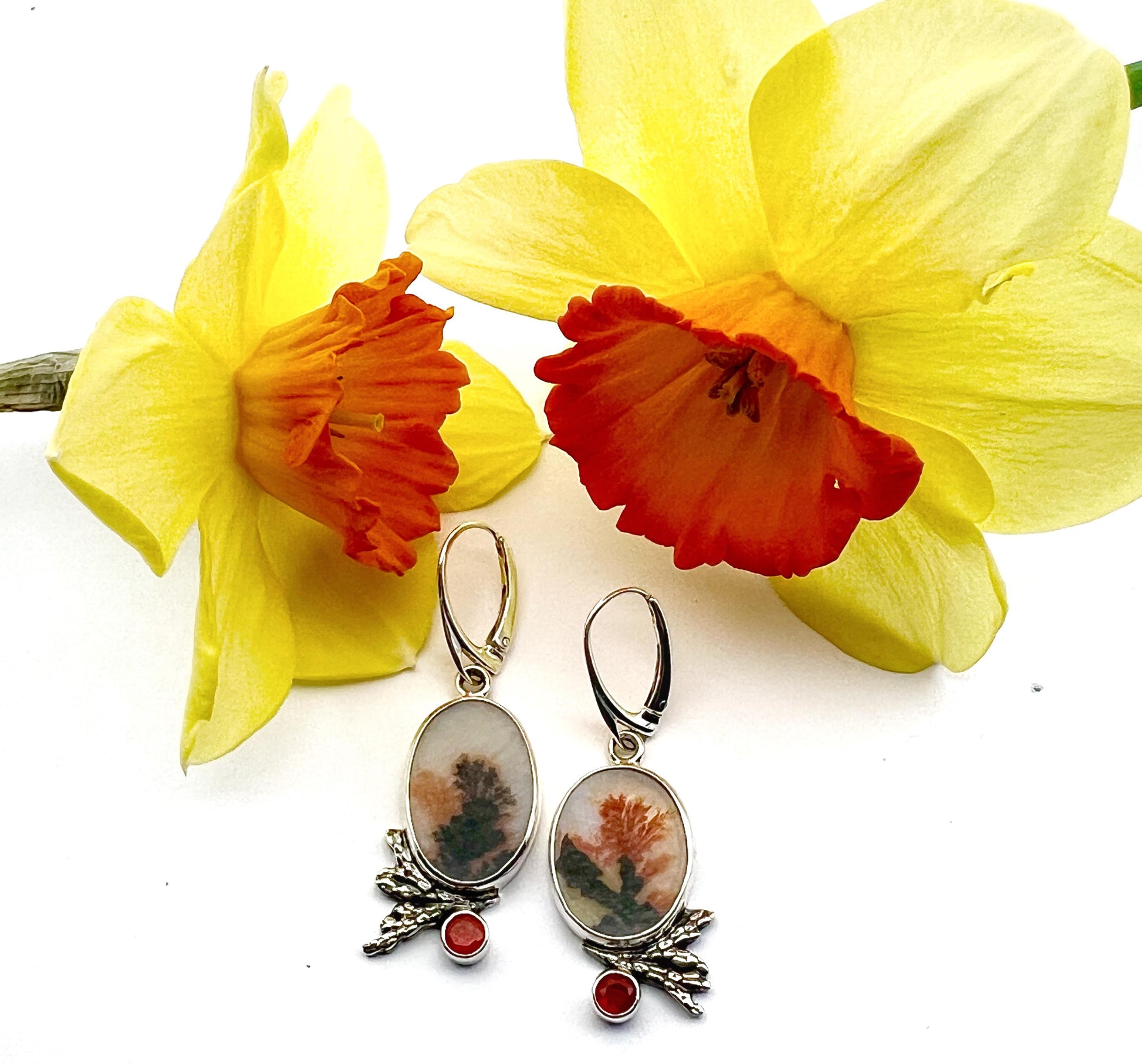 Dendritic Agate and Fire Opal Earrings, Floral Earrings in Sterling Silver