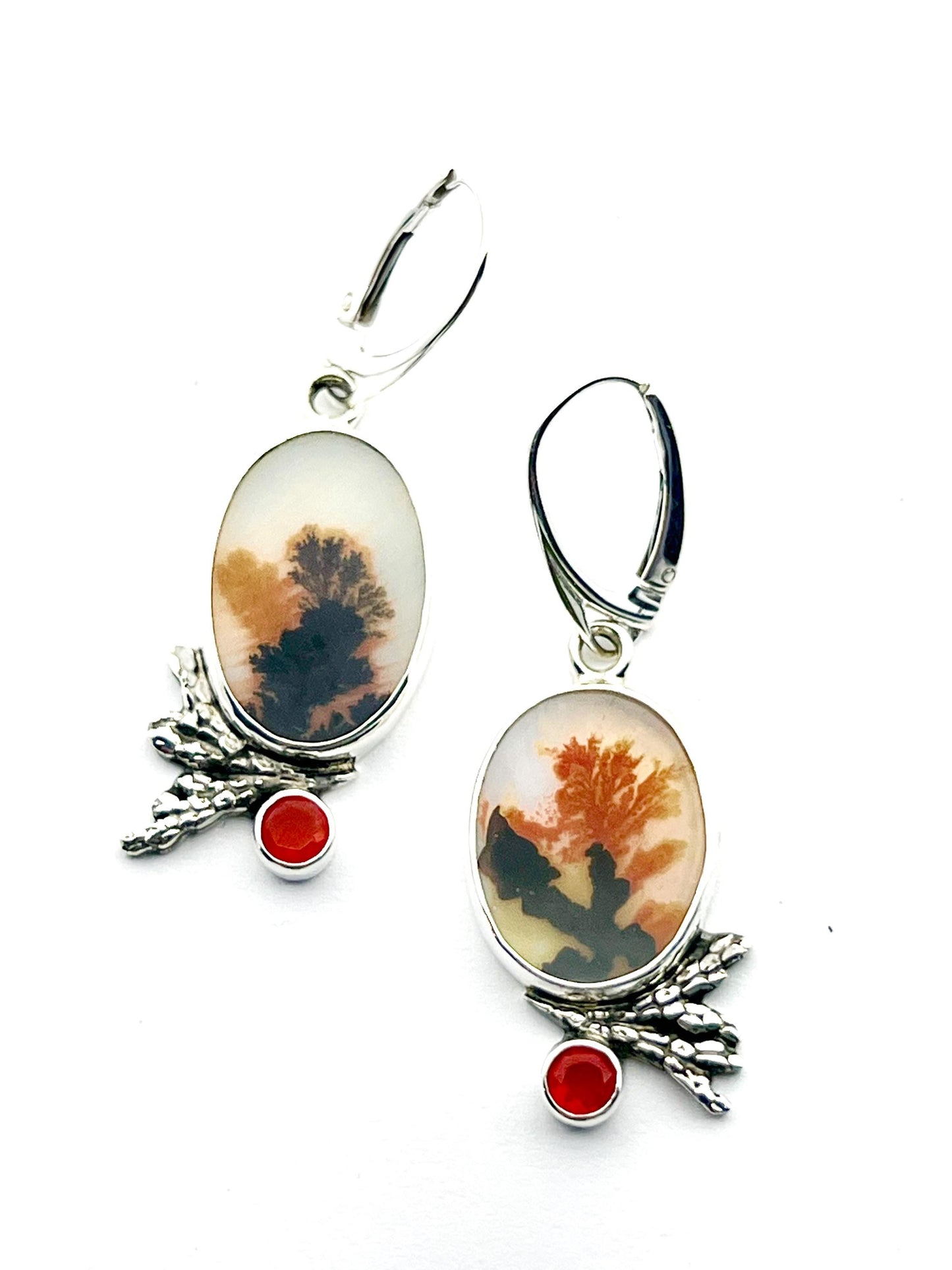 Dendritic Agate and Fire Opal Earrings, Floral Earrings in Sterling Silver