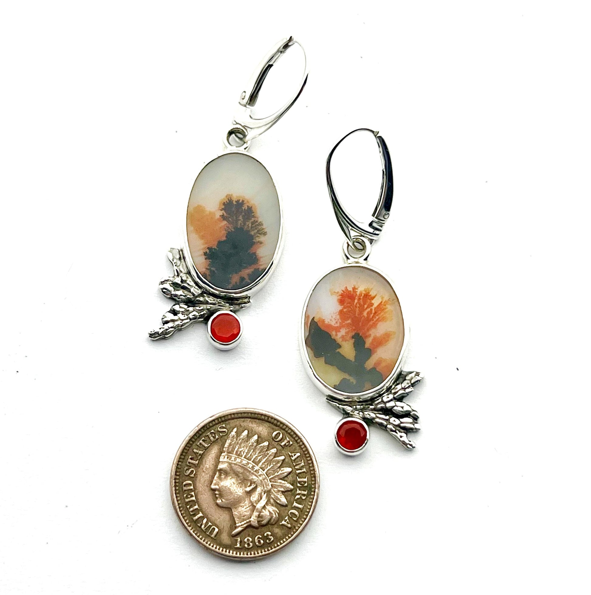 Dendritic Agate and Fire Opal Earrings, Floral Earrings in Sterling Silver