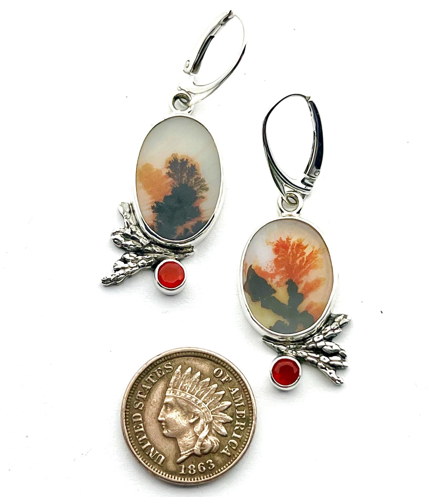 Dendritic Agate and Fire Opal Earrings, Floral Earrings in Sterling Silver