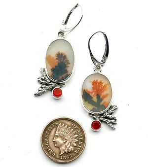 Dendritic Agate and Fire Opal Earrings, Floral Earrings in Sterling Silver