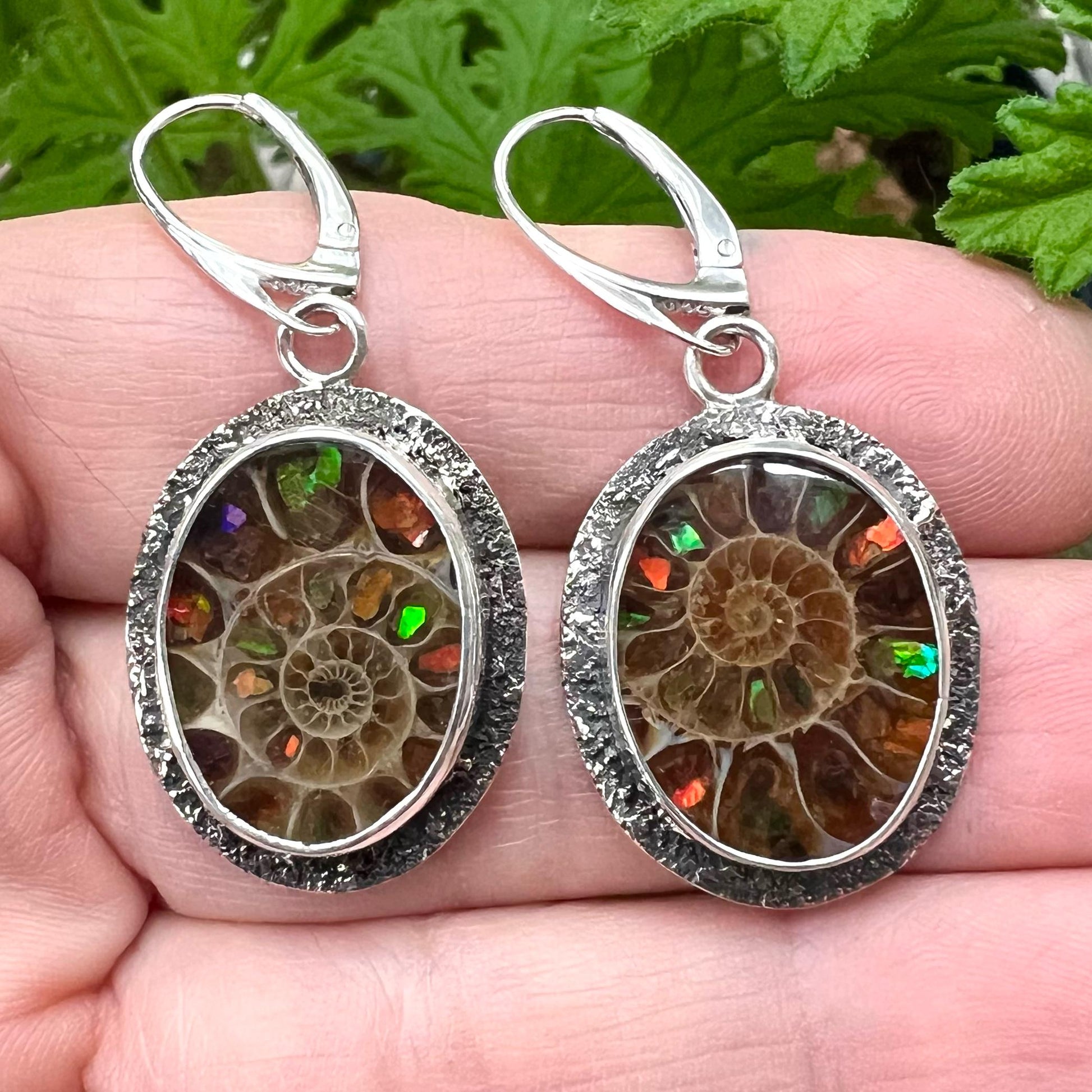 Ammonite Fossils Inlaid with Ammolite Sterling Silver Earrings, Fossil Jewelry, OOAK Rare Stone Earrings