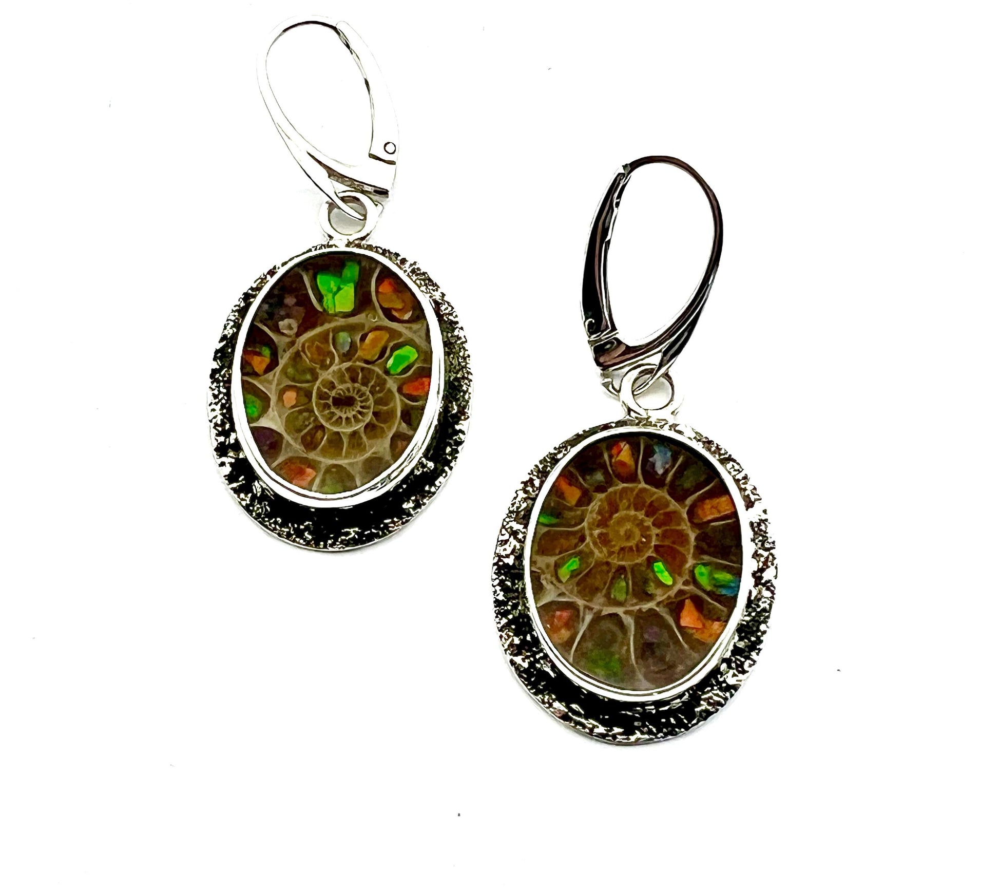Ammonite Fossils Inlaid with Ammolite Sterling Silver Earrings, Fossil Jewelry, OOAK Rare Stone Earrings