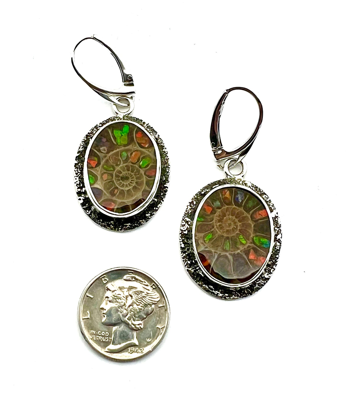 Ammonite Fossils Inlaid with Ammolite Sterling Silver Earrings, Fossil Jewelry, OOAK Rare Stone Earrings