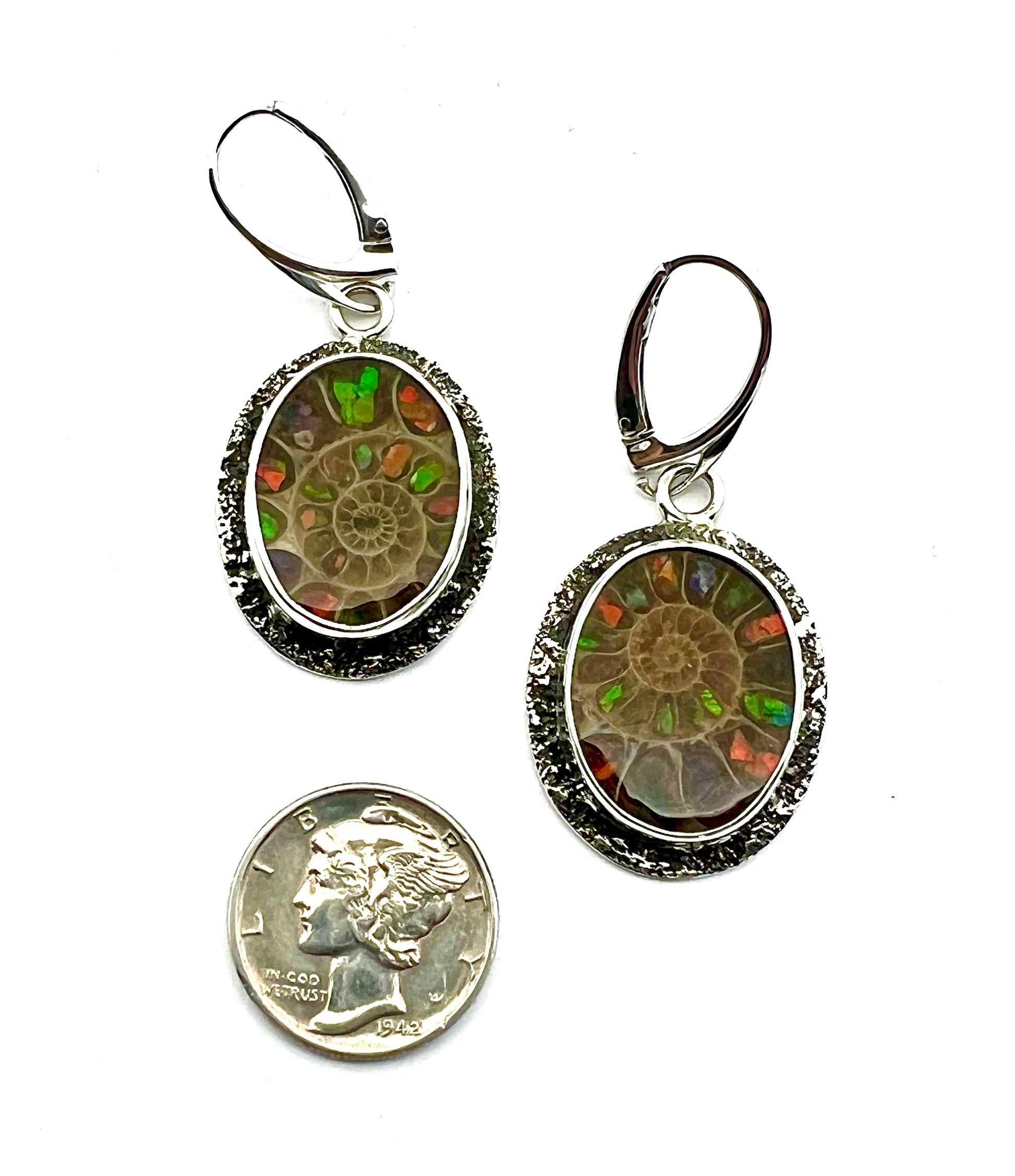 Ammonite Fossils Inlaid with Ammolite Sterling Silver Earrings, Fossil Jewelry, OOAK Rare Stone Earrings
