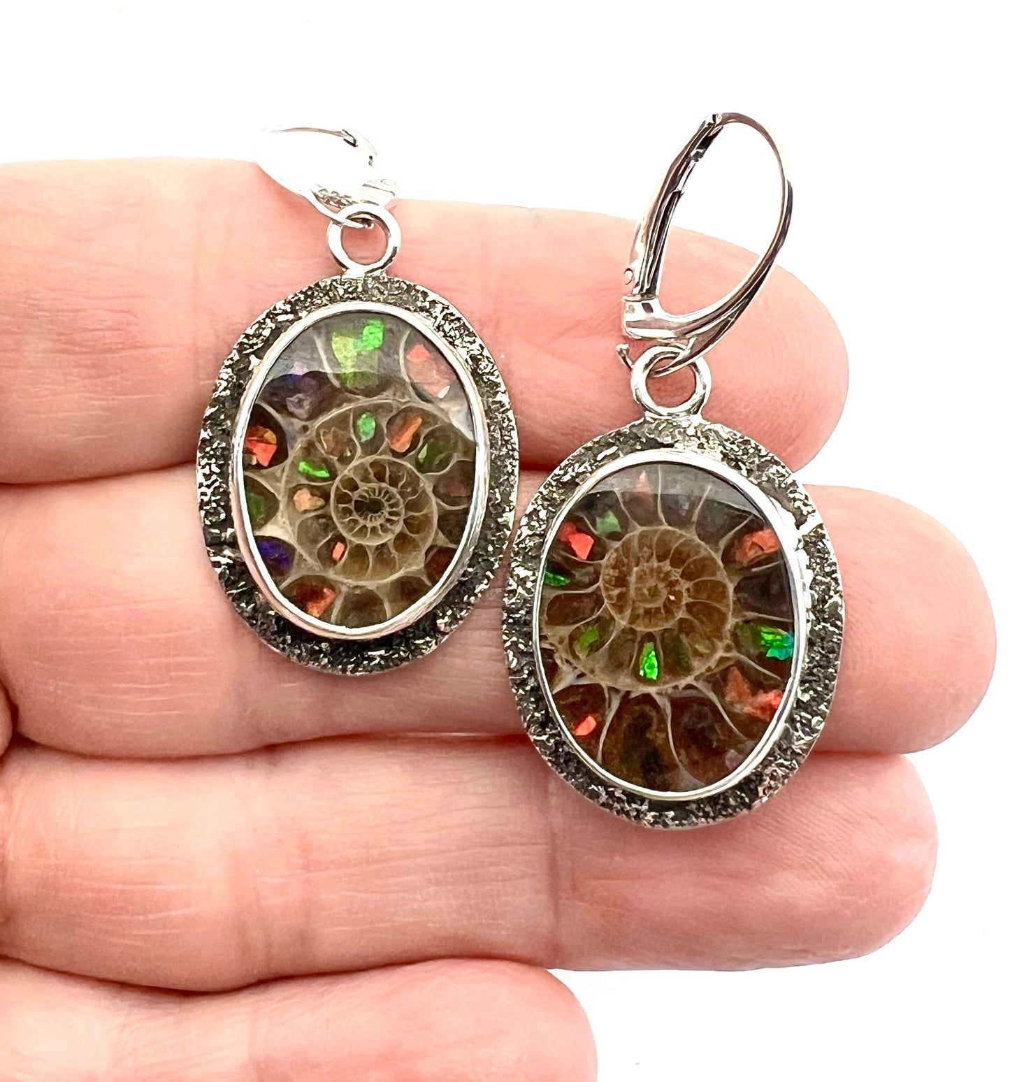 Ammonite Fossils Inlaid with Ammolite Sterling Silver Earrings, Fossil Jewelry, OOAK Rare Stone Earrings