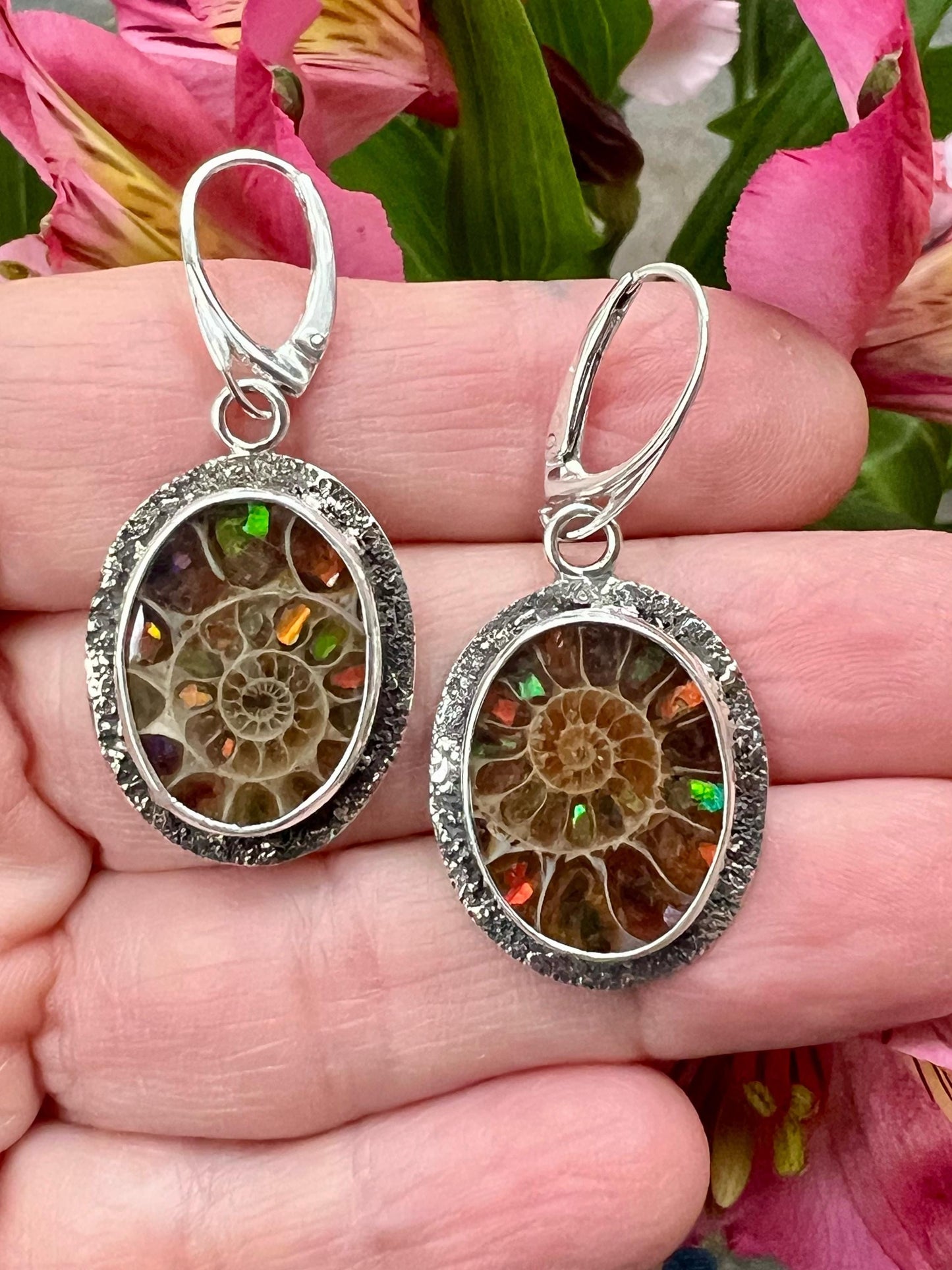 Ammonite Fossils Inlaid with Ammolite Sterling Silver Earrings, Fossil Jewelry, OOAK Rare Stone Earrings