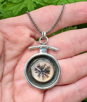 Dendritic Agate Starburst Pendant, Black and White Nature Necklace, Floral Pendant in 14k and Sterling Silver