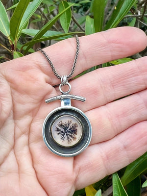 Dendritic Agate Starburst Pendant, Black and White Nature Necklace, Floral Pendant in 14k and Sterling Silver