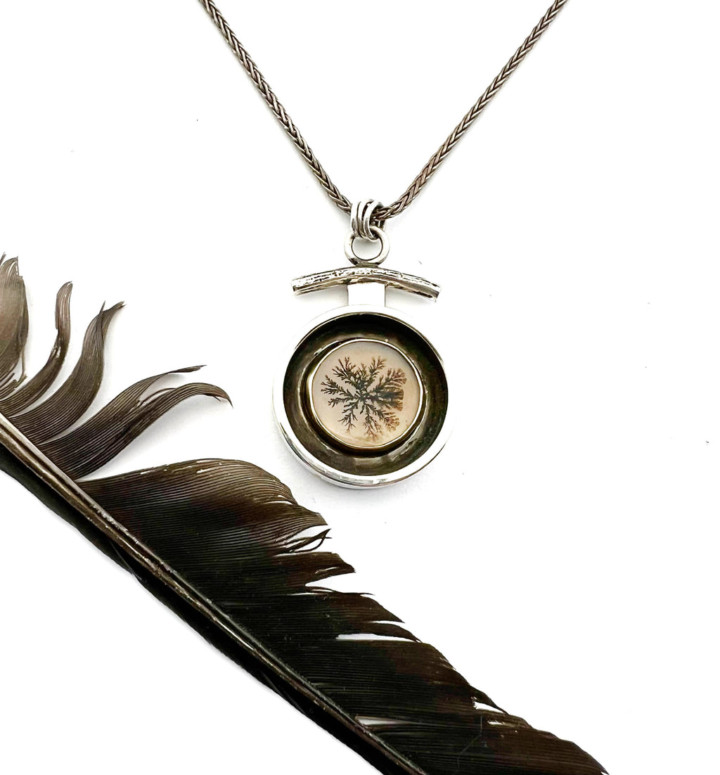 Dendritic Agate Starburst Pendant, Black and White Nature Necklace, Floral Pendant in 14k and Sterling Silver