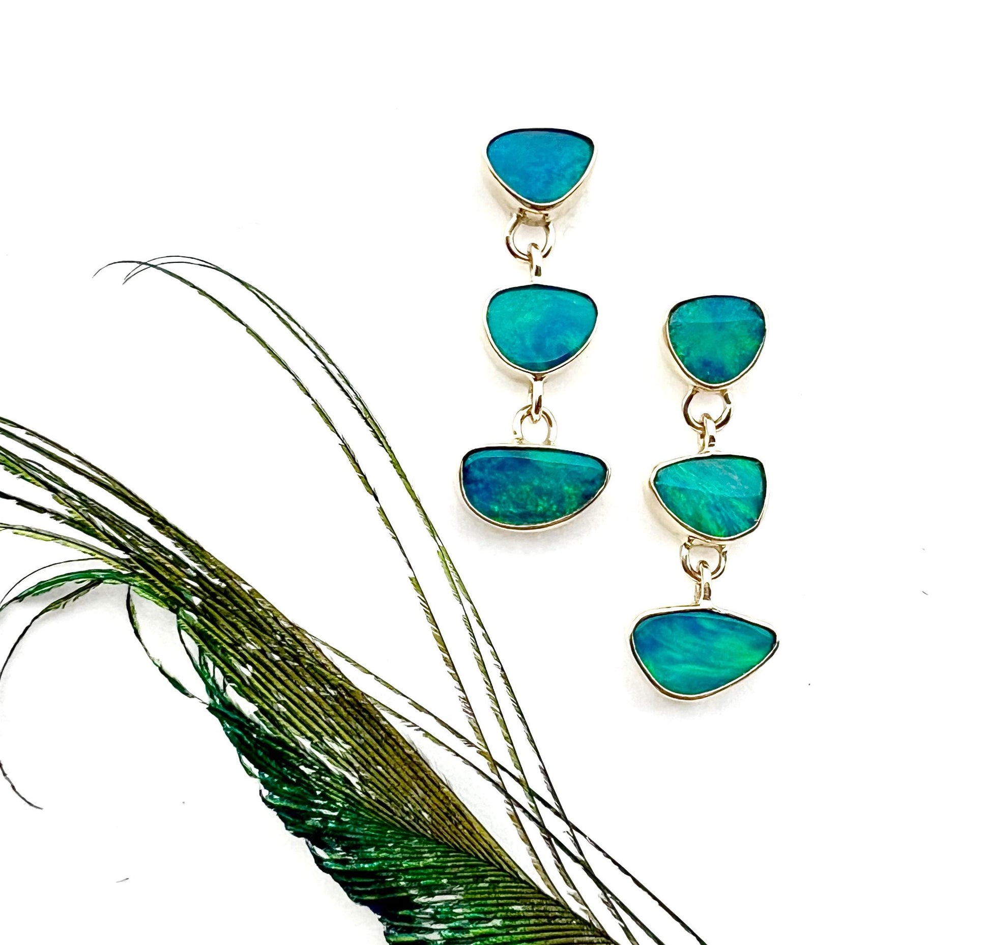 Australian Opals in 14k Gold Earrings, OOAK blue stone earrings, October birthstone jewelry