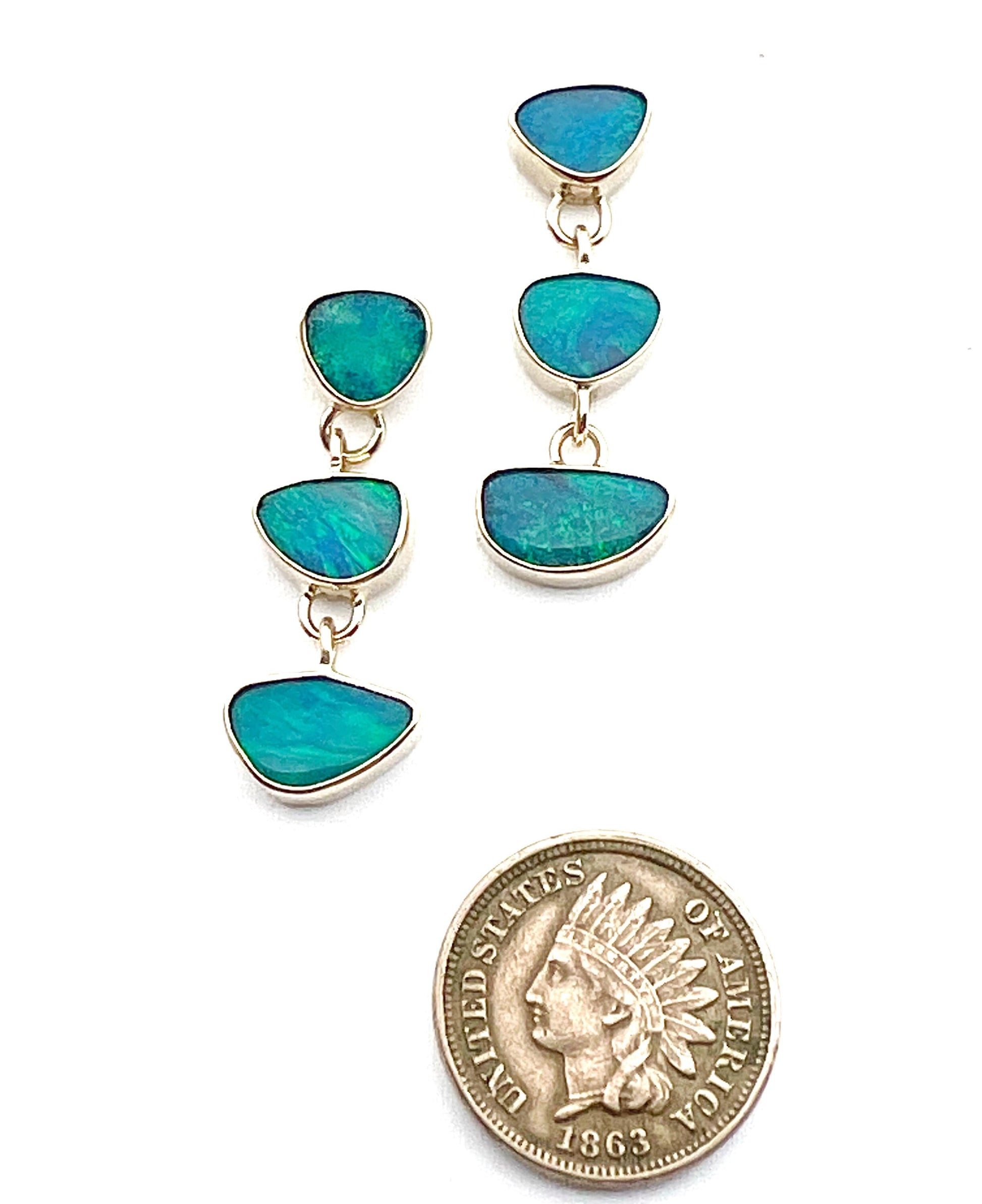 Australian Opals in 14k Gold Earrings, OOAK blue stone earrings, October birthstone jewelry